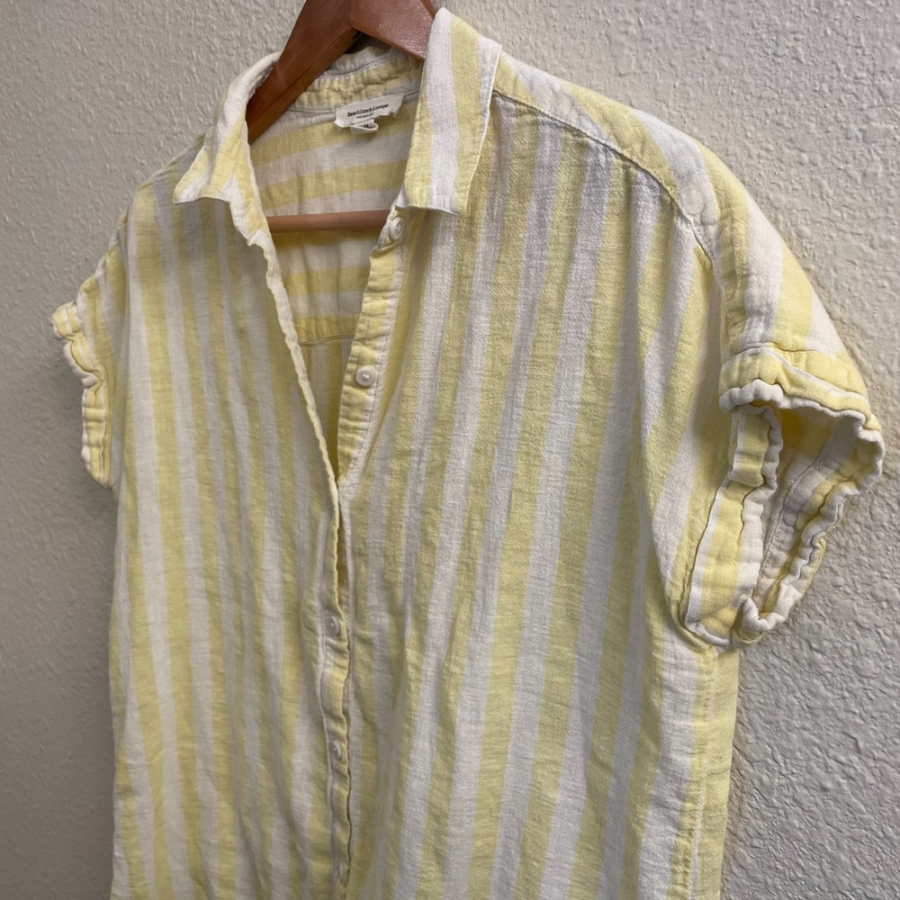 Yellow Stripe Button Front Linen Blend Top Rolled Sleeve Coastal Casual Resort M - Picture 8 of 11